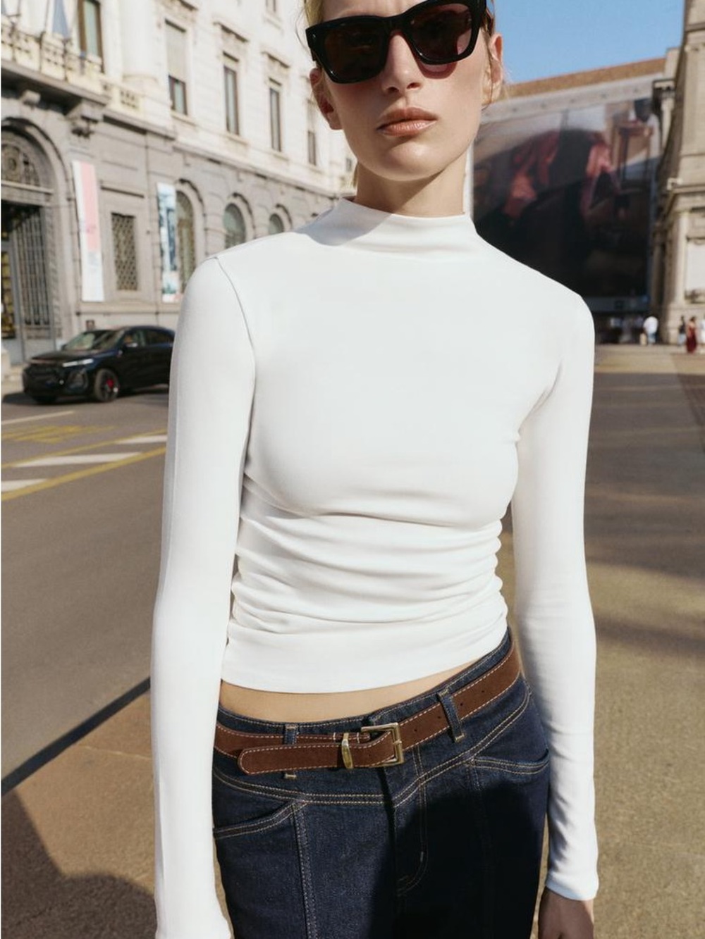 Zara White Long-Sleeve Mock Neck Top